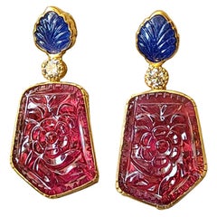 Natural Tourmaline and Blue Sapphire Earrings Set in 18 Karat Gold with Diamonds