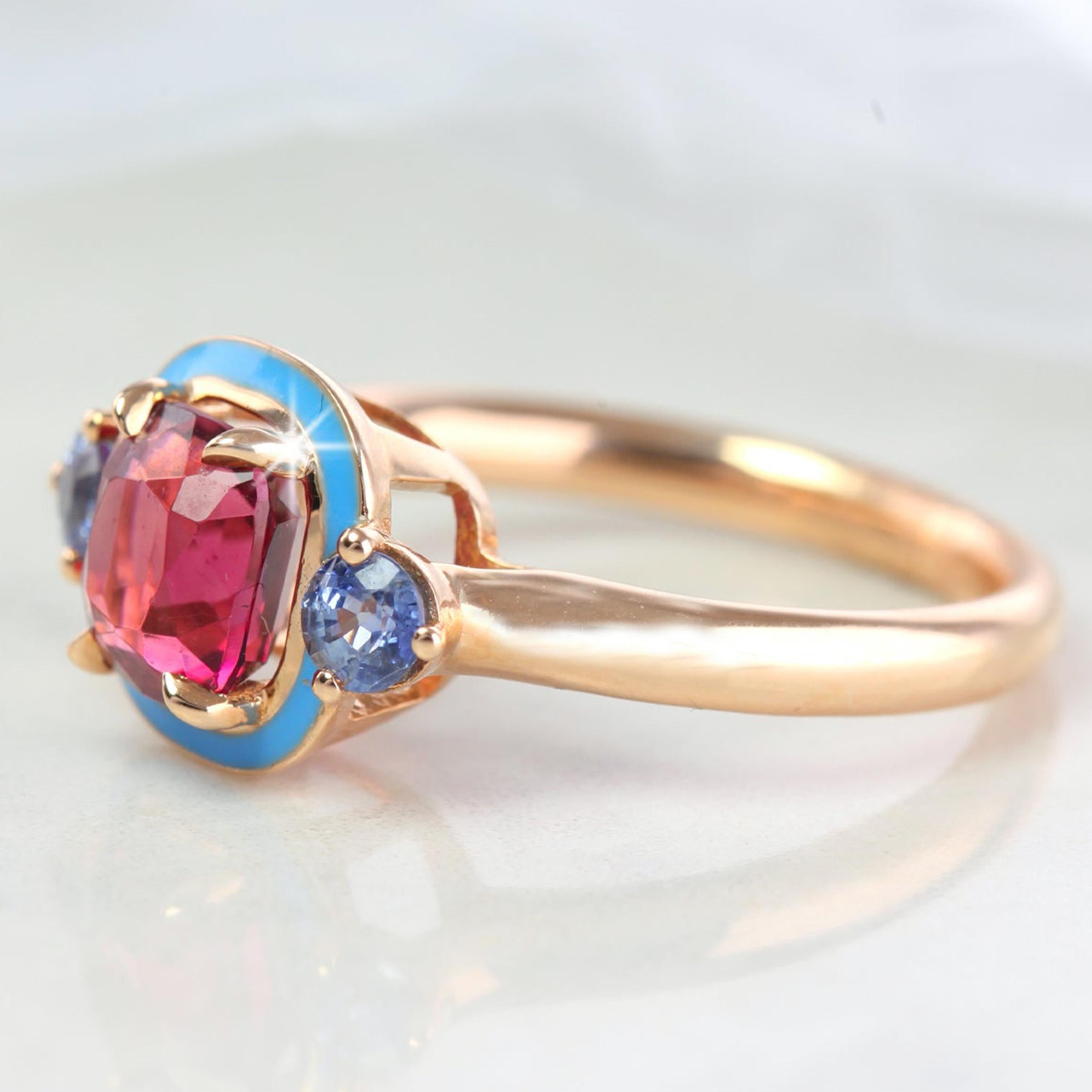 Cushion Cut Natural Tourmaline and Ceylon Sapphire Cocktail Ring For Sale