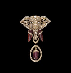 Natural 10.14cts Tourmaline & 5.98cts Diamond Brooch in 18k Gold