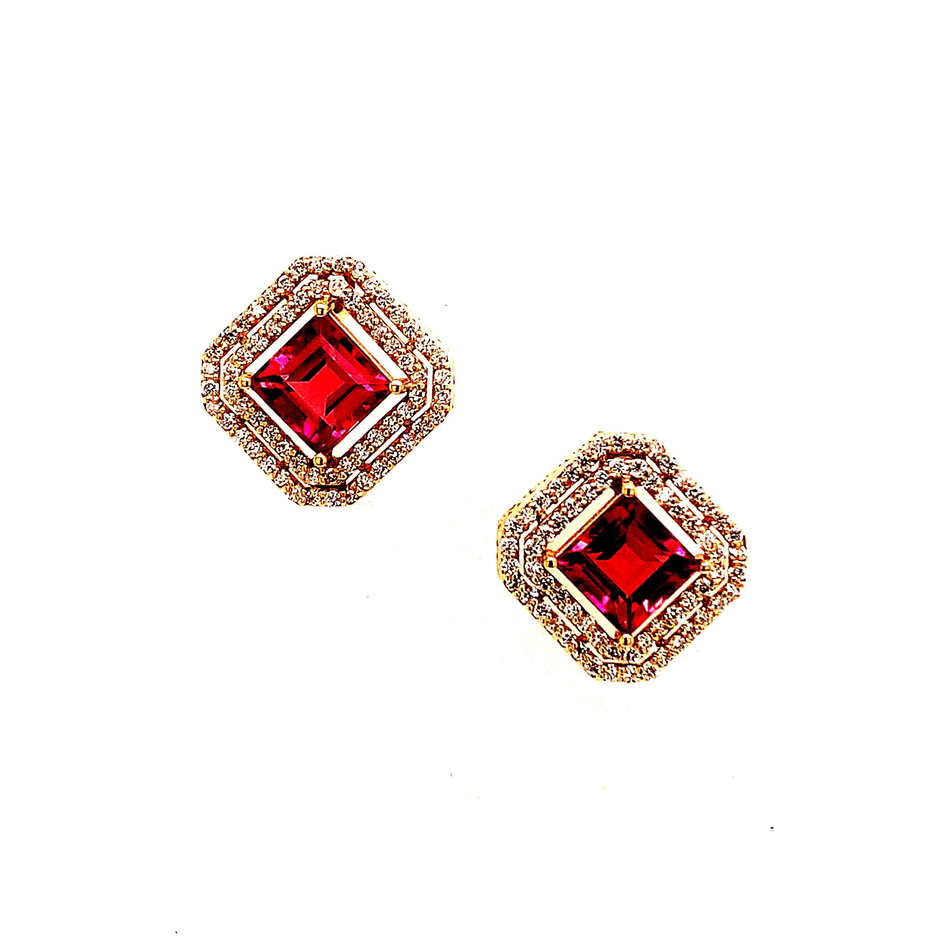 Emerald Cut Natural Tourmaline Diamond Earrings 14k Gold 4.47 TCW Certified For Sale