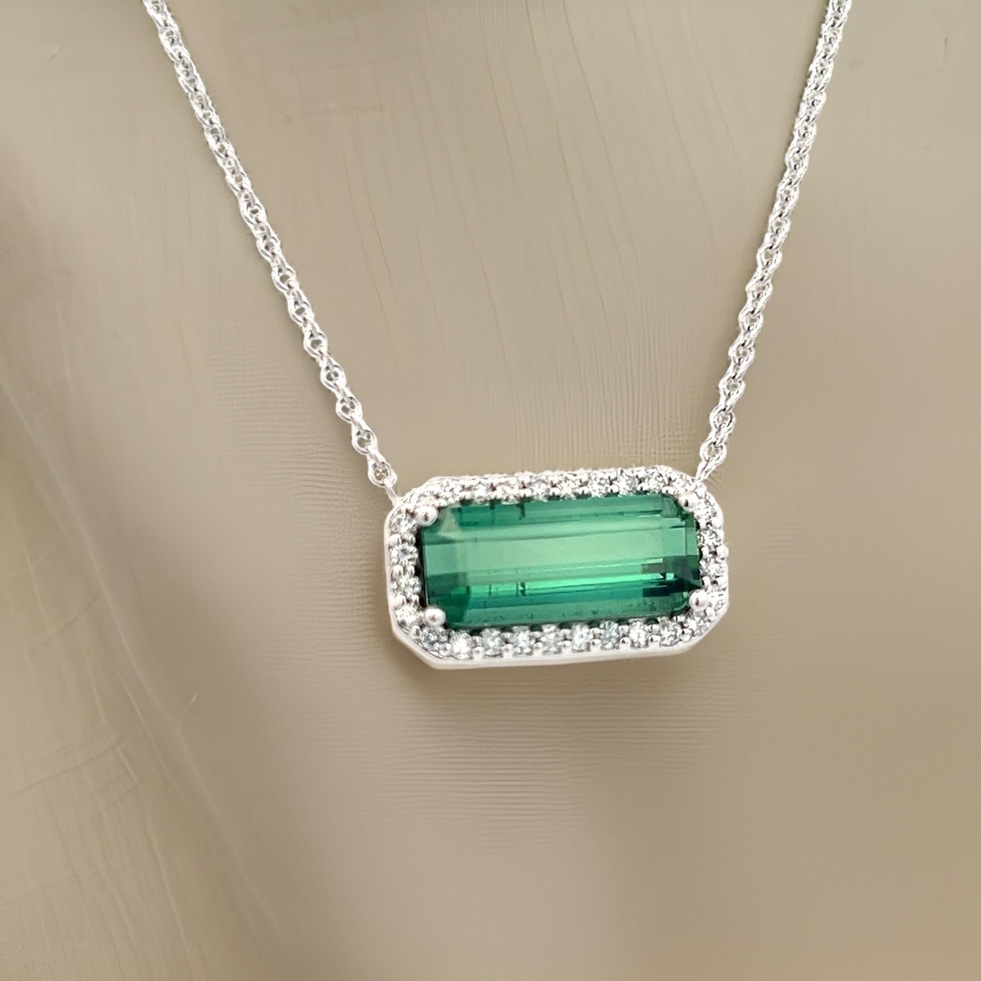 Emerald Cut Natural Tourmaline Diamond Pendant Necklace 18