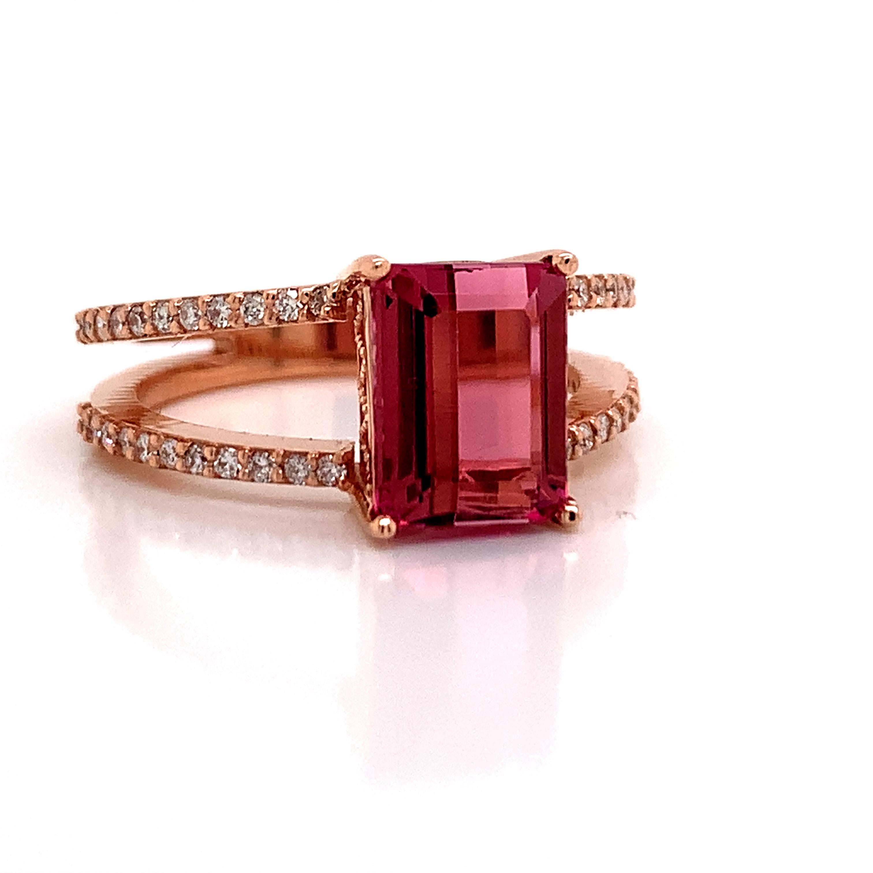 Emerald Cut Natural Tourmaline Diamond Ring 14k Rose Gold 2.2 TCW Certified For Sale