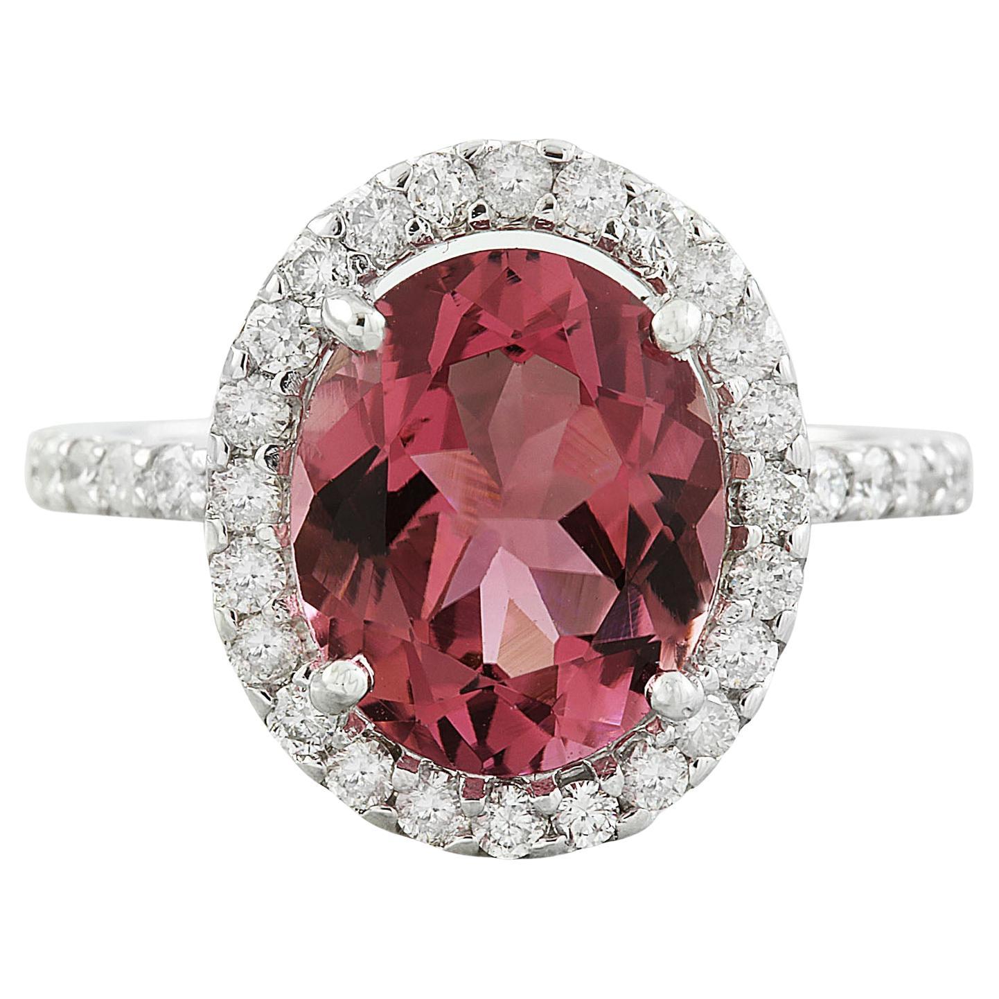 Natural Tourmaline Diamond Ring in 14 Karat Solid White Gold  For Sale