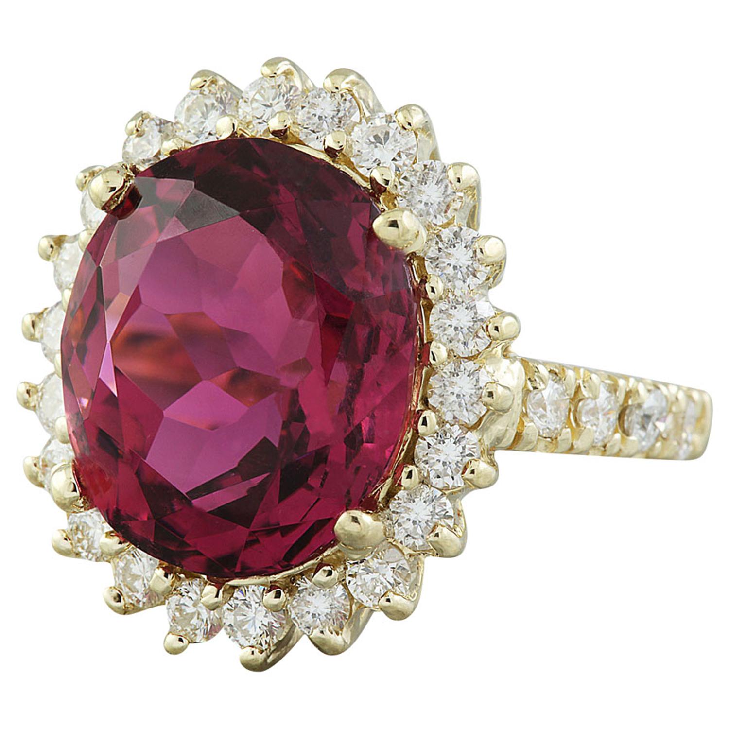 9.28 Carat Natural Tourmaline 14 Karat Solid Yellow Gold Diamond Ring
Stamped: 14K 
Total Ring Weight: 6.1 Grams
Tourmaline Weight 8.23 Carat (14.00x10.00 Millimeters)
Diamond Weight: 1.05 carat (F-G Color, VS2-SI1 Clarity )
Face Measures: