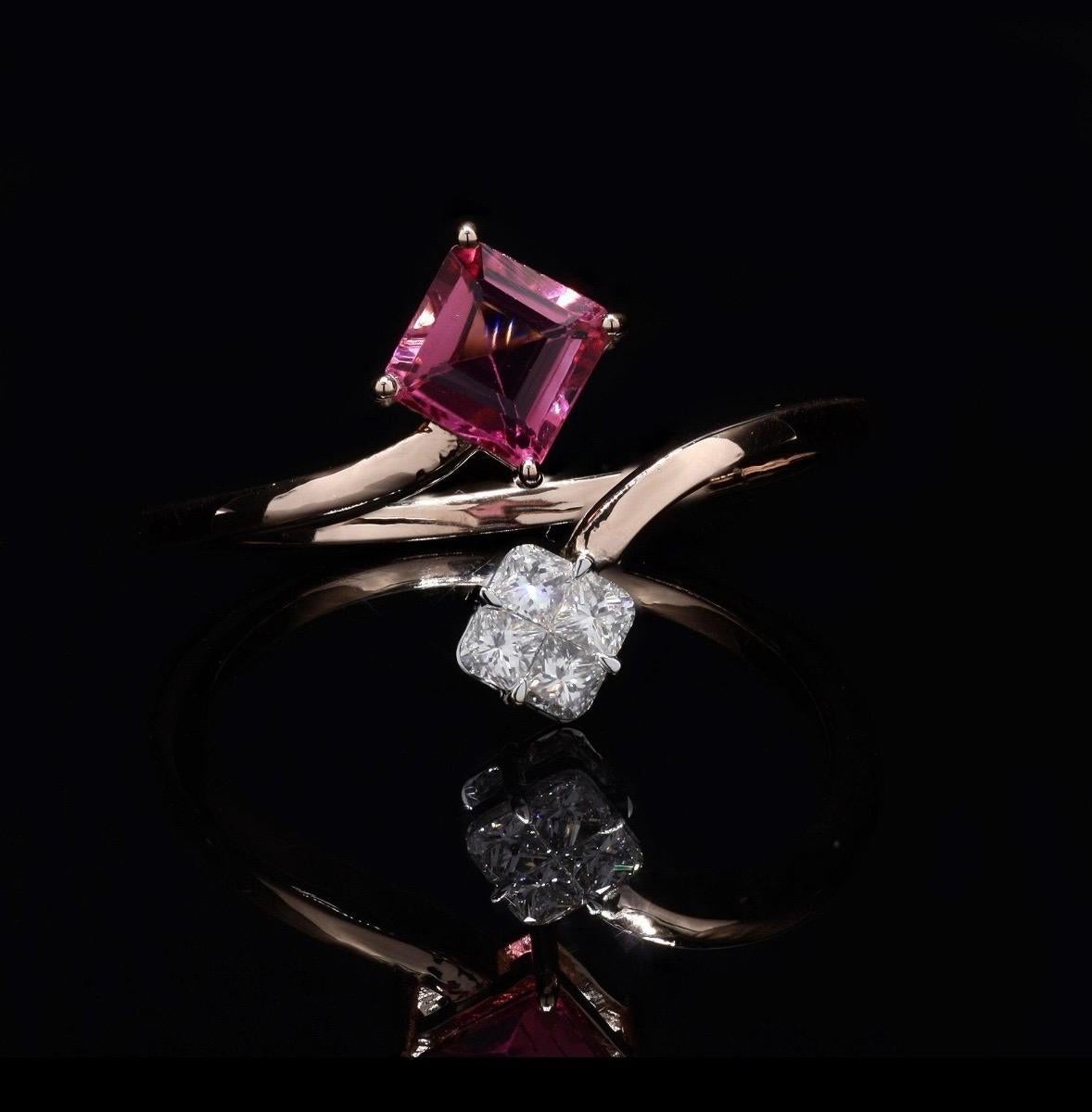 Taglio Asscher Natural Tourmaline & Diamond Ring in 14k Gold in vendita