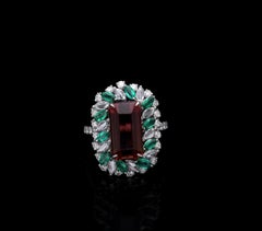 Natural Tourmaline and Emerald Diamond Ring in 18K White Gold