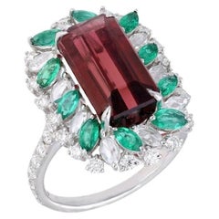 Natural Tourmaline, Emerald 
Diamond Ring in 18K White Gold