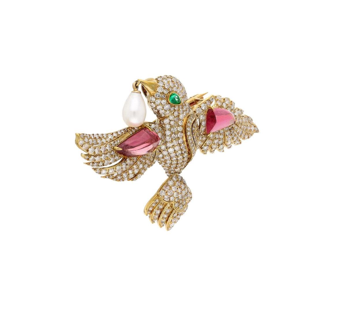 Emerald Cut Natural tourmaline & emerald & pearl & diamond brooch in 18k gold