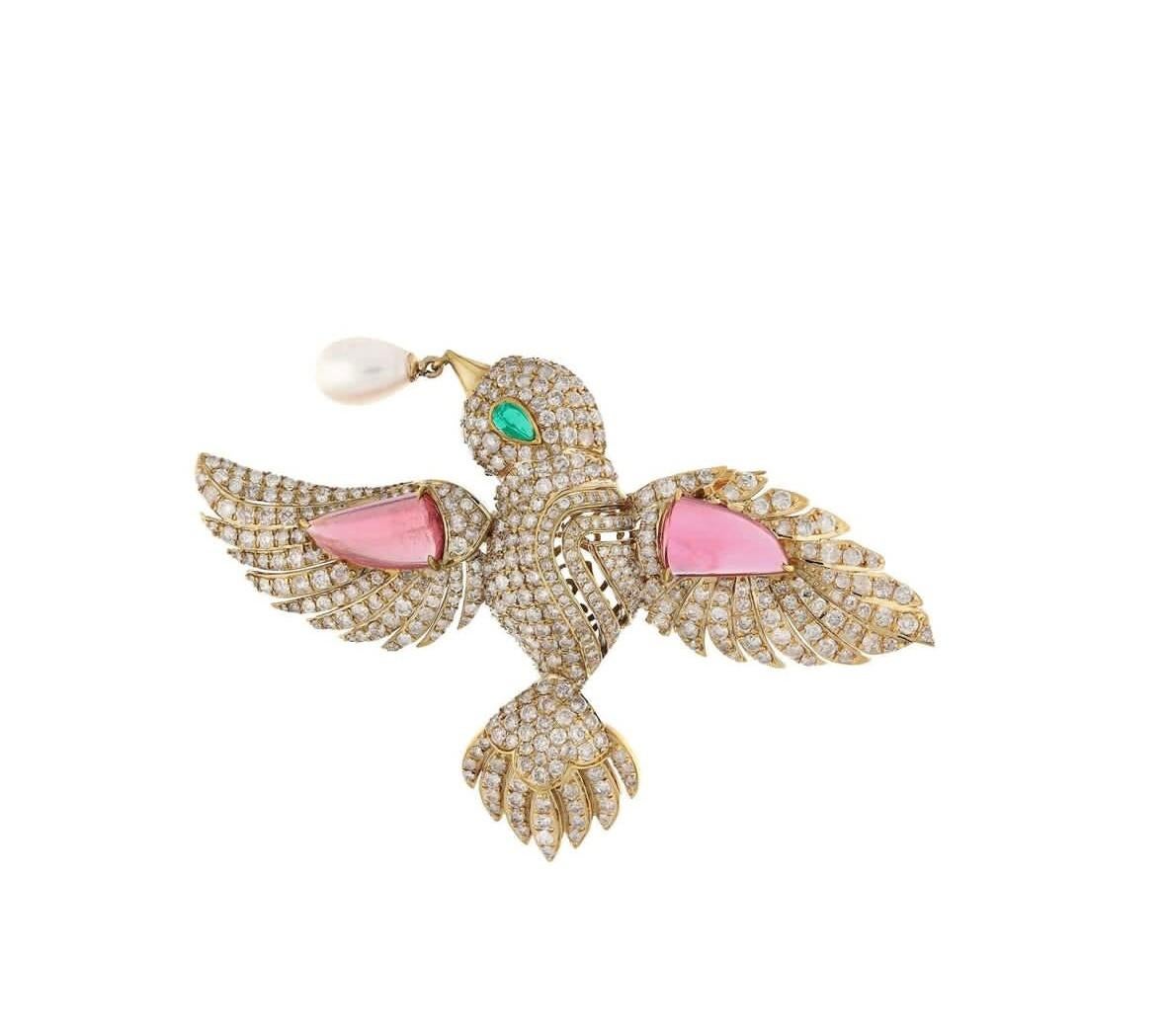 Women's Natural tourmaline & emerald & pearl & diamond brooch in 18k gold