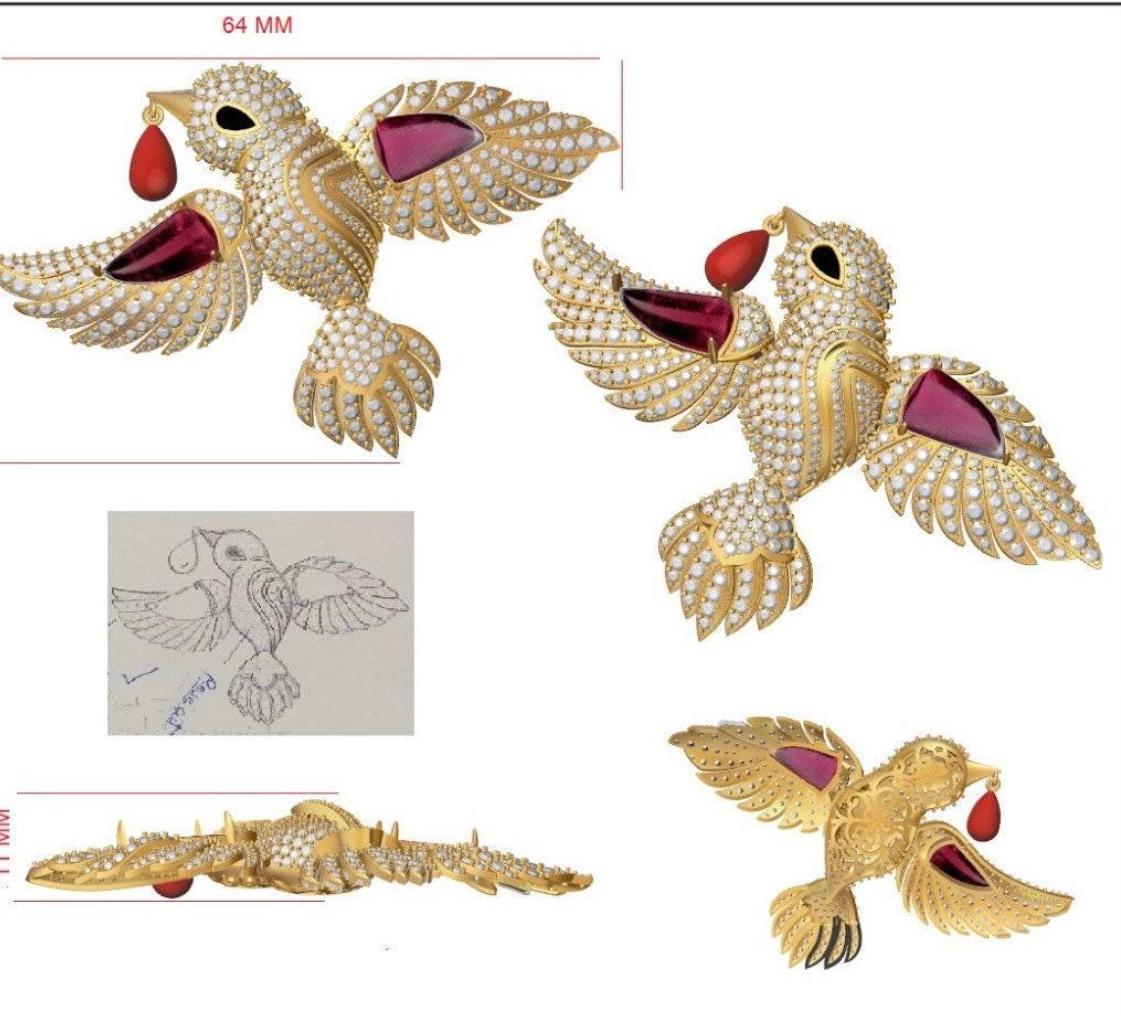 Natural tourmaline & emerald & pearl & diamond brooch in 18k gold 1