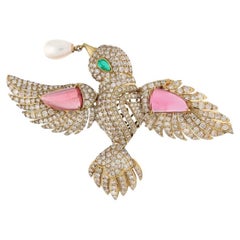 Natural tourmaline & emerald & pearl & diamond brooch in 18k gold