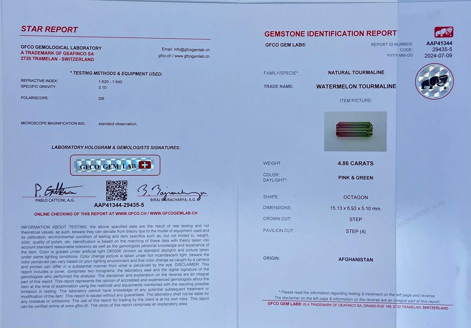 Natural Tourmaline gemstone 4.86 ct., Octagon cut, Afghanistan, Certificate! For Sale 1