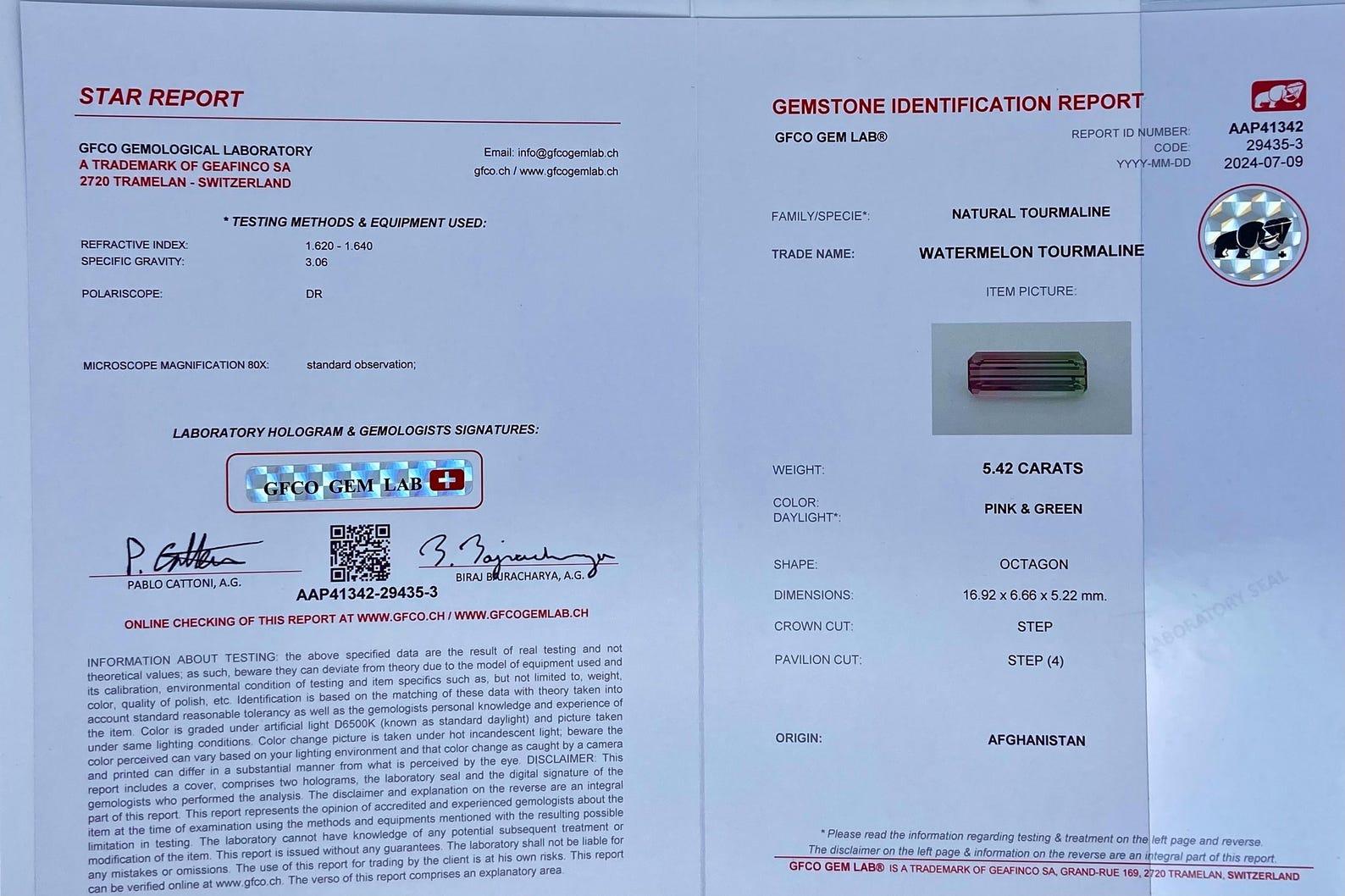 Pierre précieuse tourmaline naturelle de 5.42 carats, taille octogonale, Afghanistan, certificat Unisexe en vente