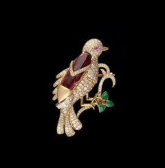 Whimsical 18K Gold Bird Brooch with Diamonds, Tourmaline & Sapphire