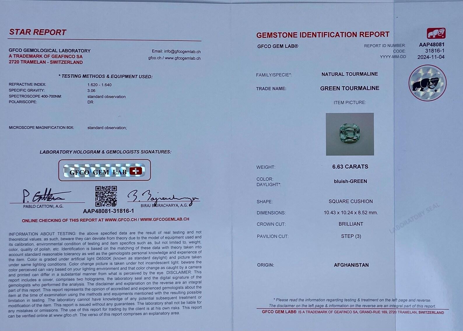 da uomo o donna Tormalina naturale di alta qualità, colore raro Greene & Greene da 6,63 ct. in vendita
