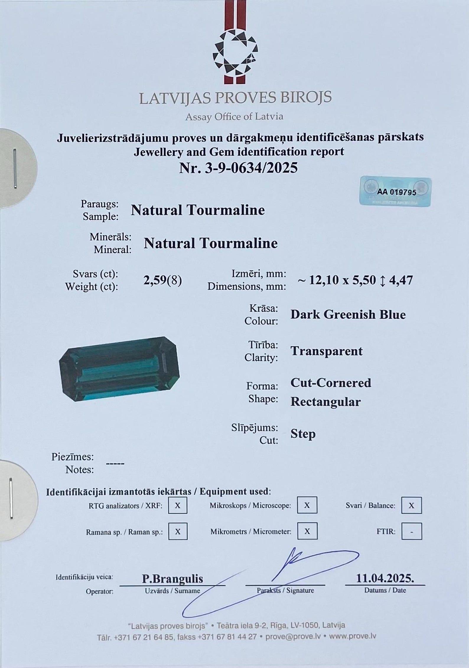 Tormalina naturale sfusa 2,59 carati, Baguette, Certificato, Afghanistan in vendita 3