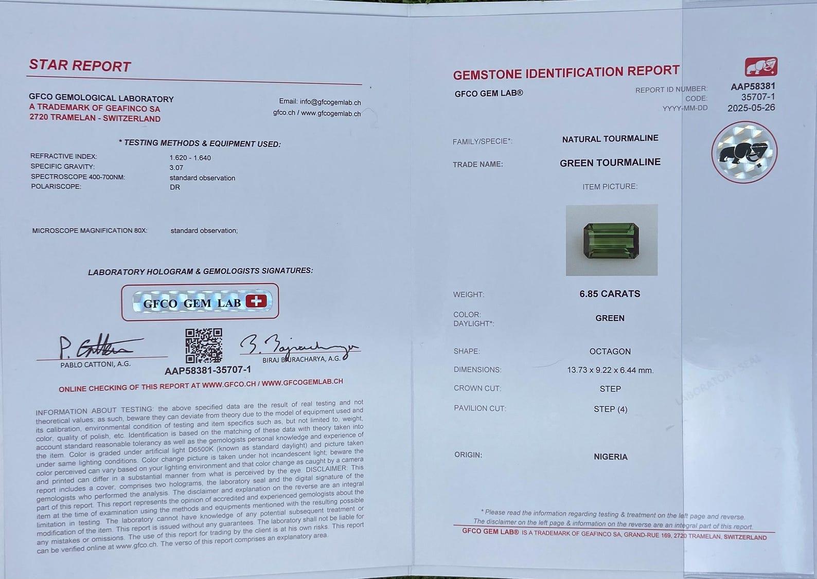Natural Tourmaline Loose Gemstone 6.85 ct. Octagon cut, Nigeria, Certificate For Sale 2