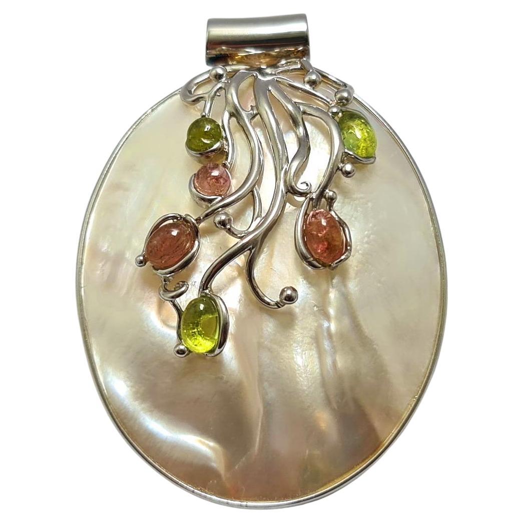 Natural Tourmaline Mother of Pearl Sterling Silver Pendant 