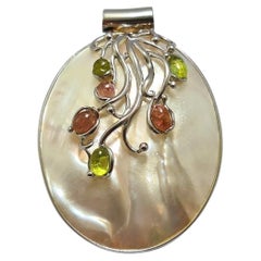 Natural Tourmaline Mother of Pearl Sterling Silver Pendant 