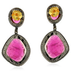 Natural Tourmaline & Pave Diamond Vintage Style Dangle Earrings In 18k & Silver