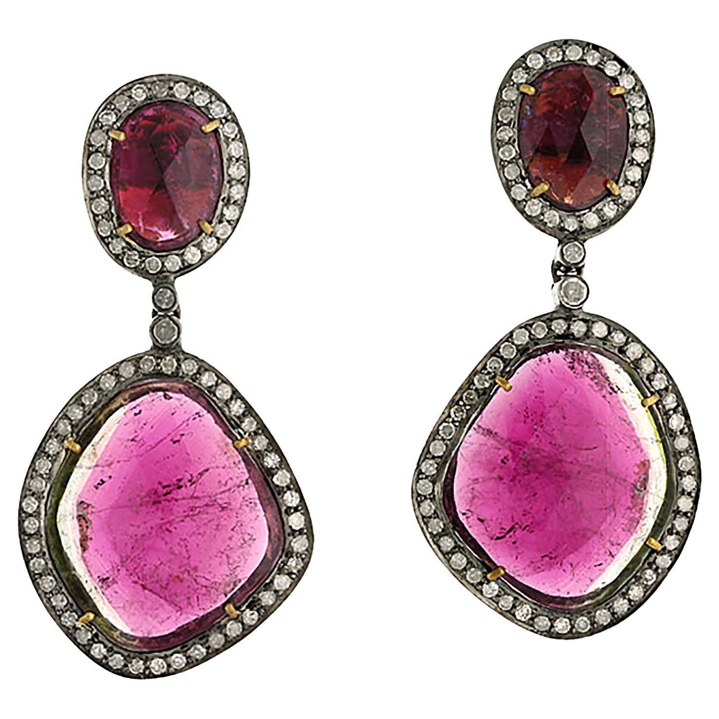 Natural Tourmaline
Pave Diamond Vintage Style Dangle Earrings In 18k
Silver