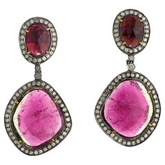 Natural Tourmaline 
Pave Diamond Vintage Style Dangle Earrings In 18k 
Silver