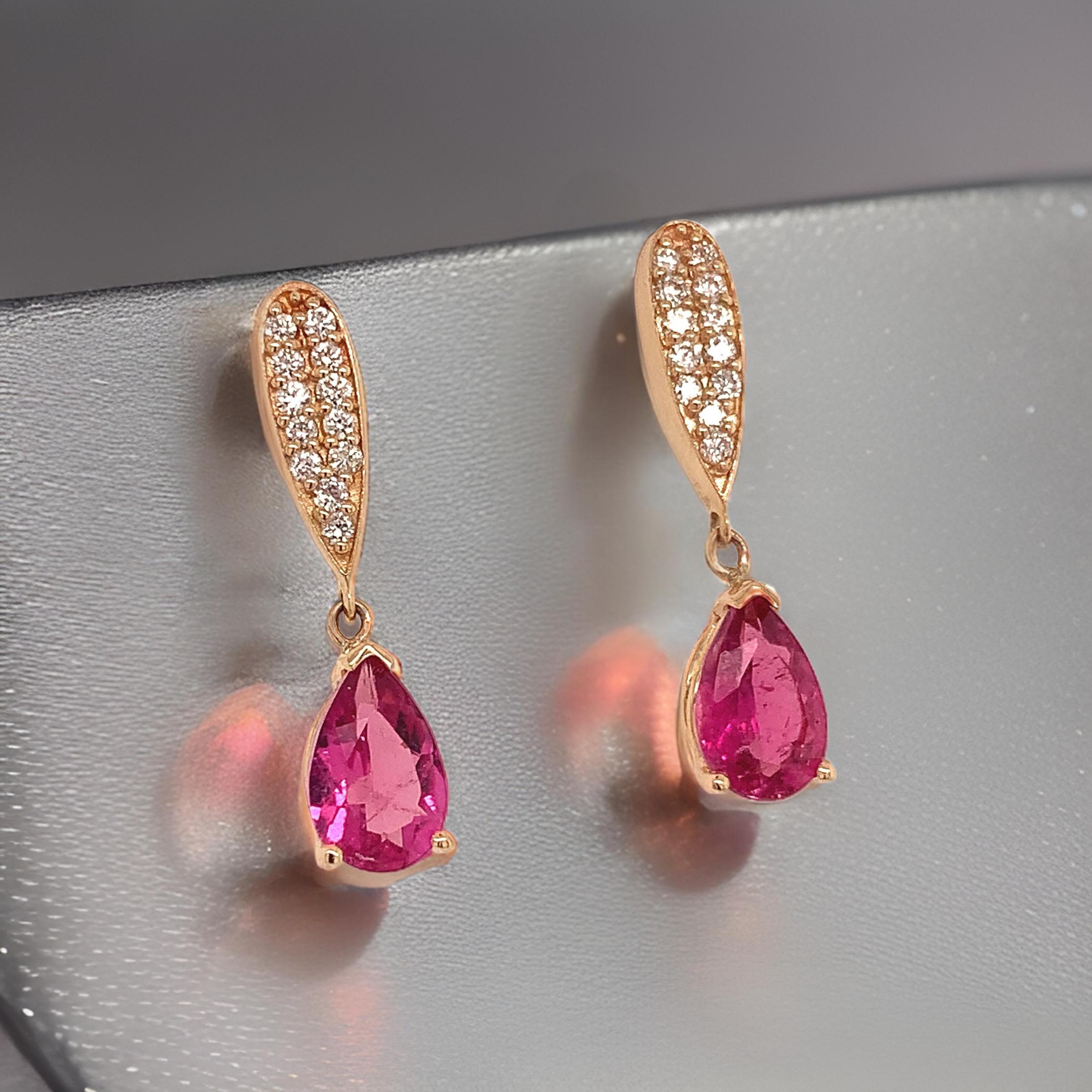 Boucles d'oreilles en or 14 carats avec tourmaline naturelle, rubellite et diamant certifié TCW 1,60 carat en vente 8