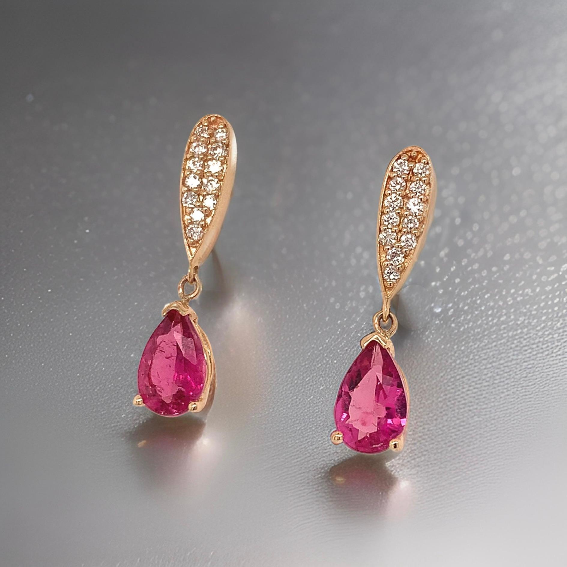 Boucles d'oreilles en or 14 carats avec tourmaline naturelle, rubellite et diamant certifié TCW 1,60 carat en vente 2