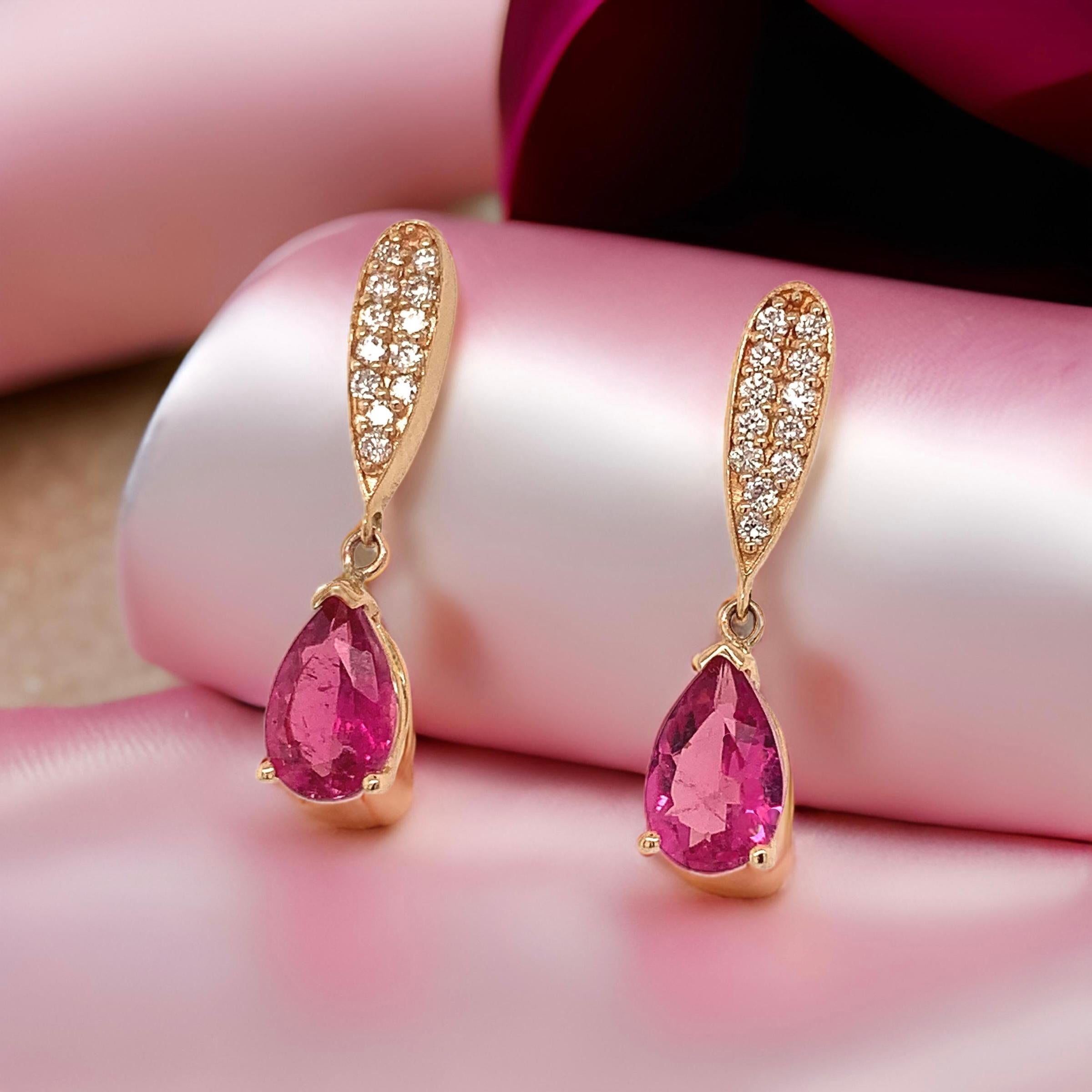 Boucles d'oreilles en or 14 carats avec tourmaline naturelle, rubellite et diamant certifié TCW 1,60 carat en vente 4