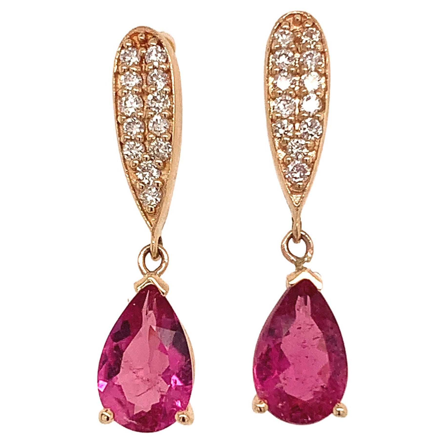 Boucles d'oreilles en or 14 carats avec tourmaline naturelle, rubellite et diamant certifié TCW 1,60 carat