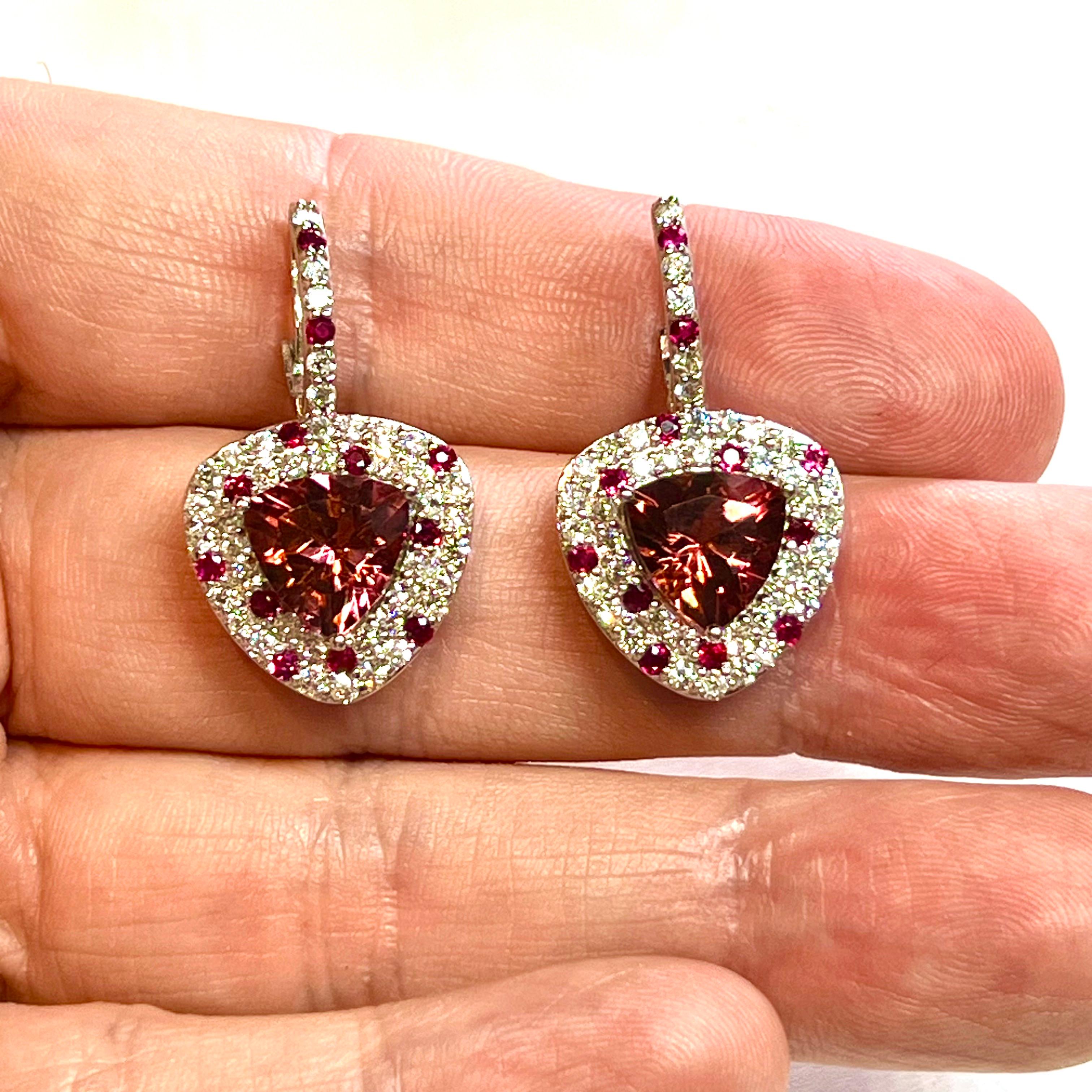 Natural Tourmaline Ruby Diamond Dangle Earrings 14k WG 10.53 TCW Certified  For Sale 1