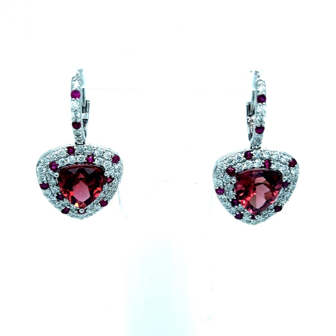 Natural Tourmaline Ruby Diamond Dangle Earrings 14k WG 10.53 TCW Certified  For Sale 3