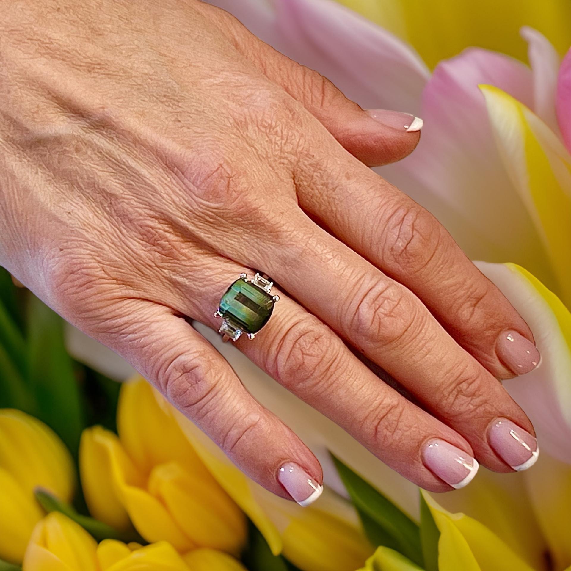 Cushion Cut Natural Tourmaline Sapphire Ring 7 14k W Gold 8.7 TCW Certified For Sale