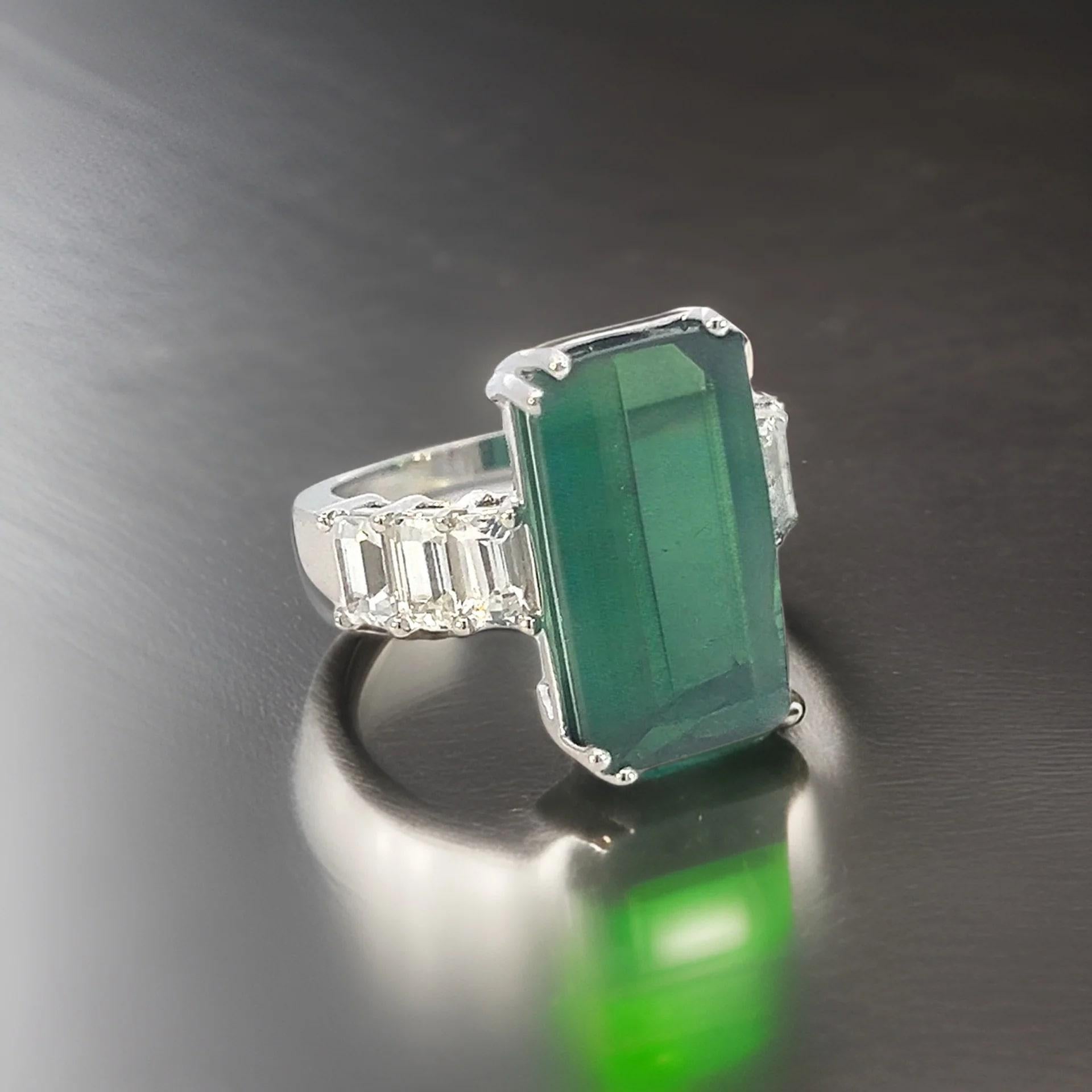 Emerald Cut Natural Tourmaline Sapphire Ring 7 14k WG 12.17 TCW Certified For Sale