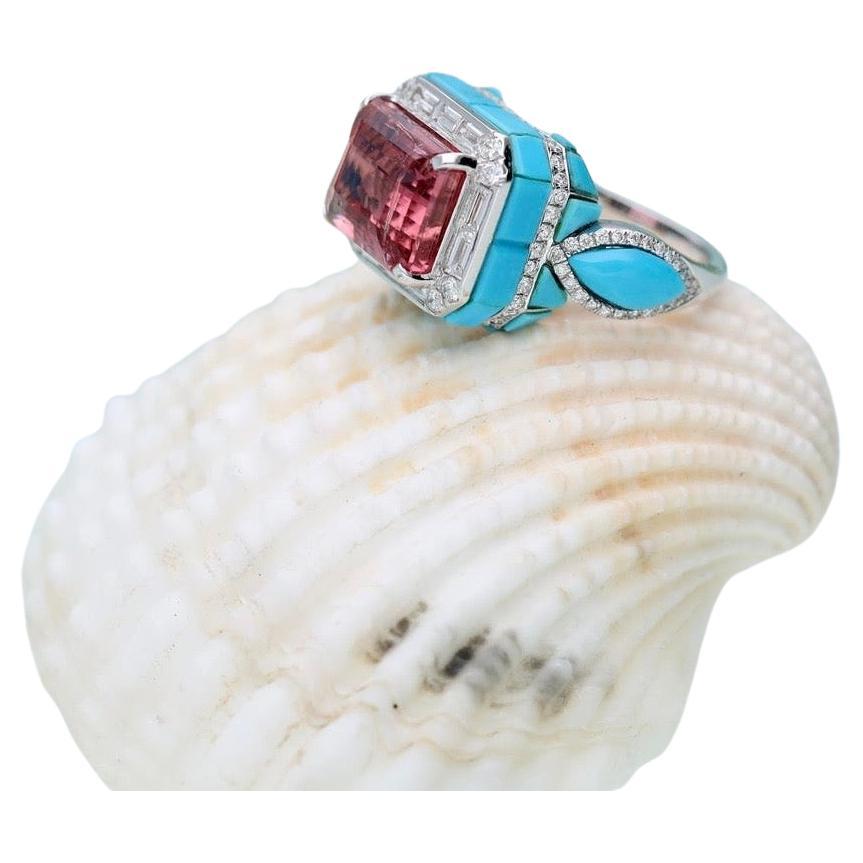 Ring mit natürlichem Turmalin, Türkis und Diamant aus 18 Karat Gold