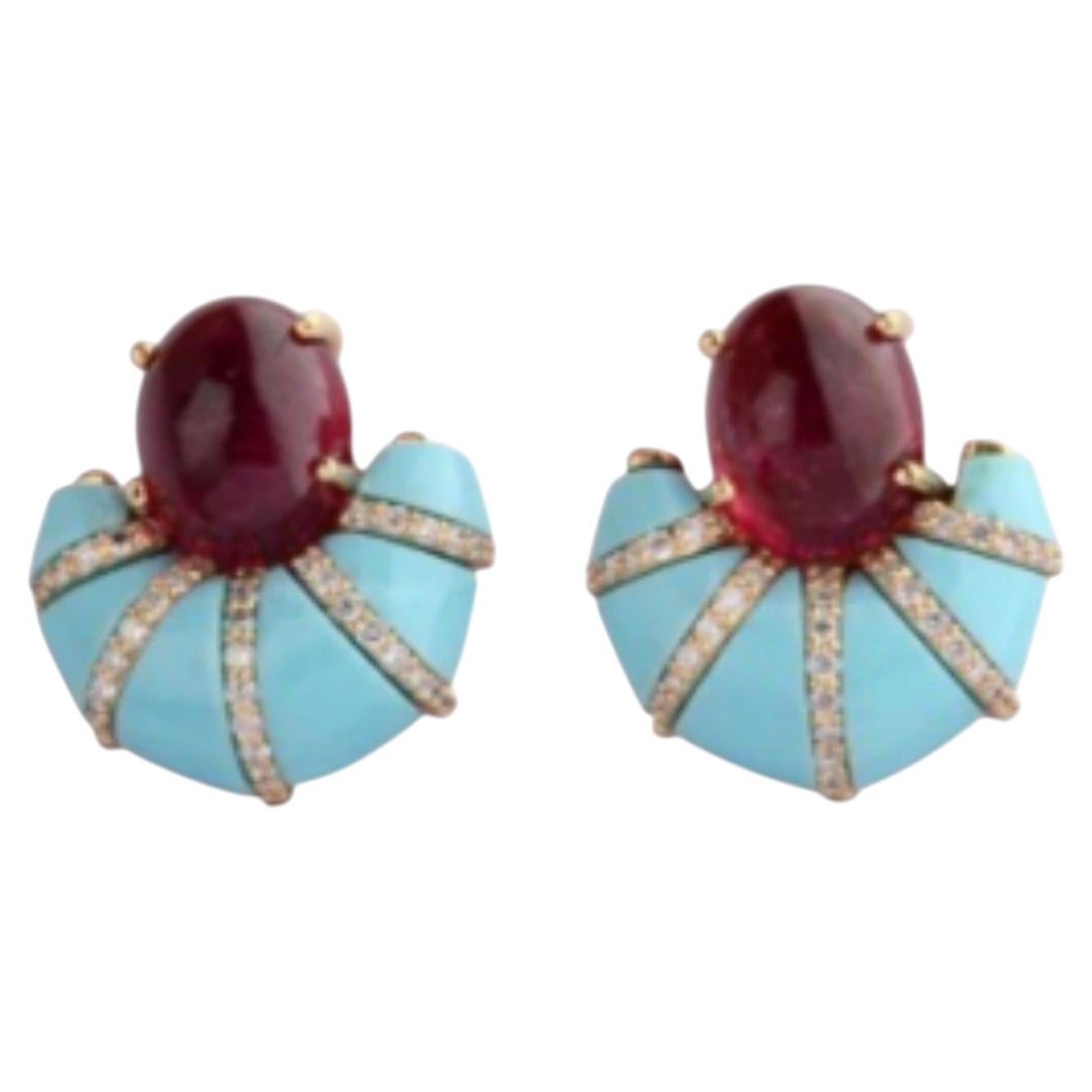 18K Yellow Gold Tourmaline, Turquoise & Diamond Earrings, 0.48 ct.