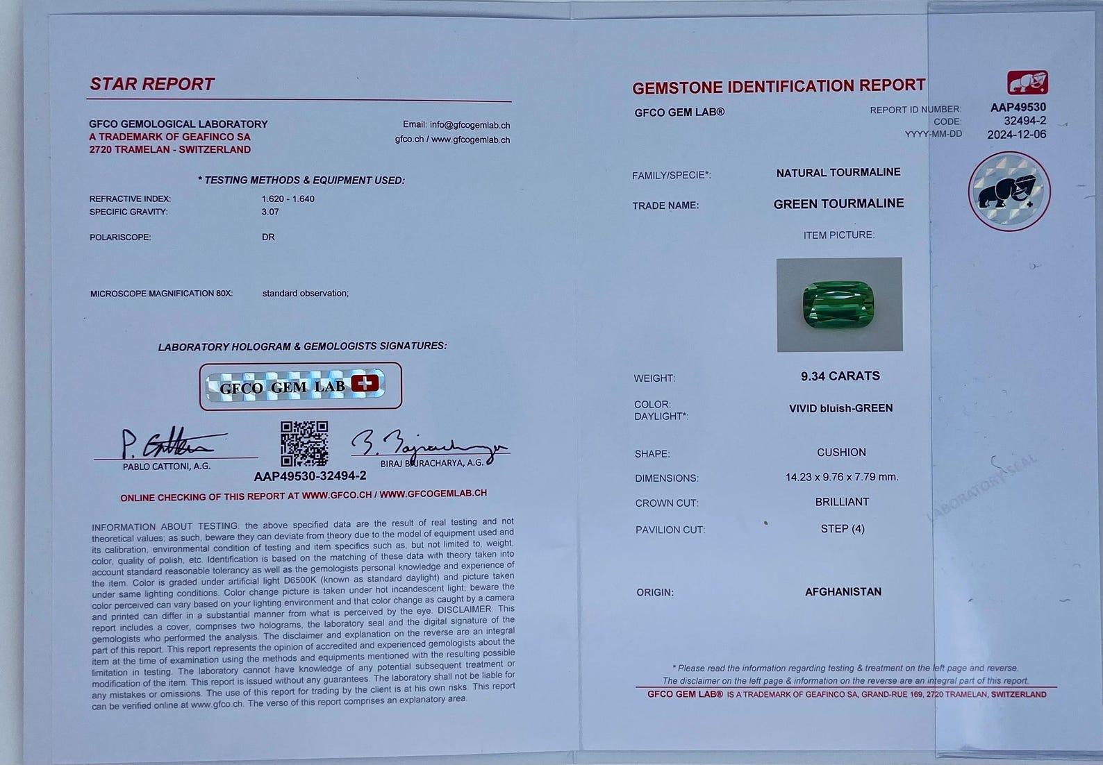 Turmalina natural verde azulado vivo 9,34 ct. gema, talla cojín, afganista Corte cojín en venta