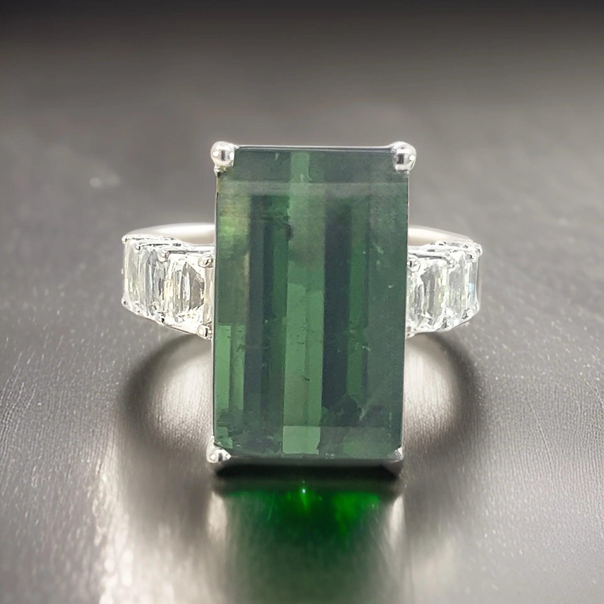 Natural Tourmaline White Sapphire Ring 6.75 14k WG 21.03 TCW Certified For Sale 11