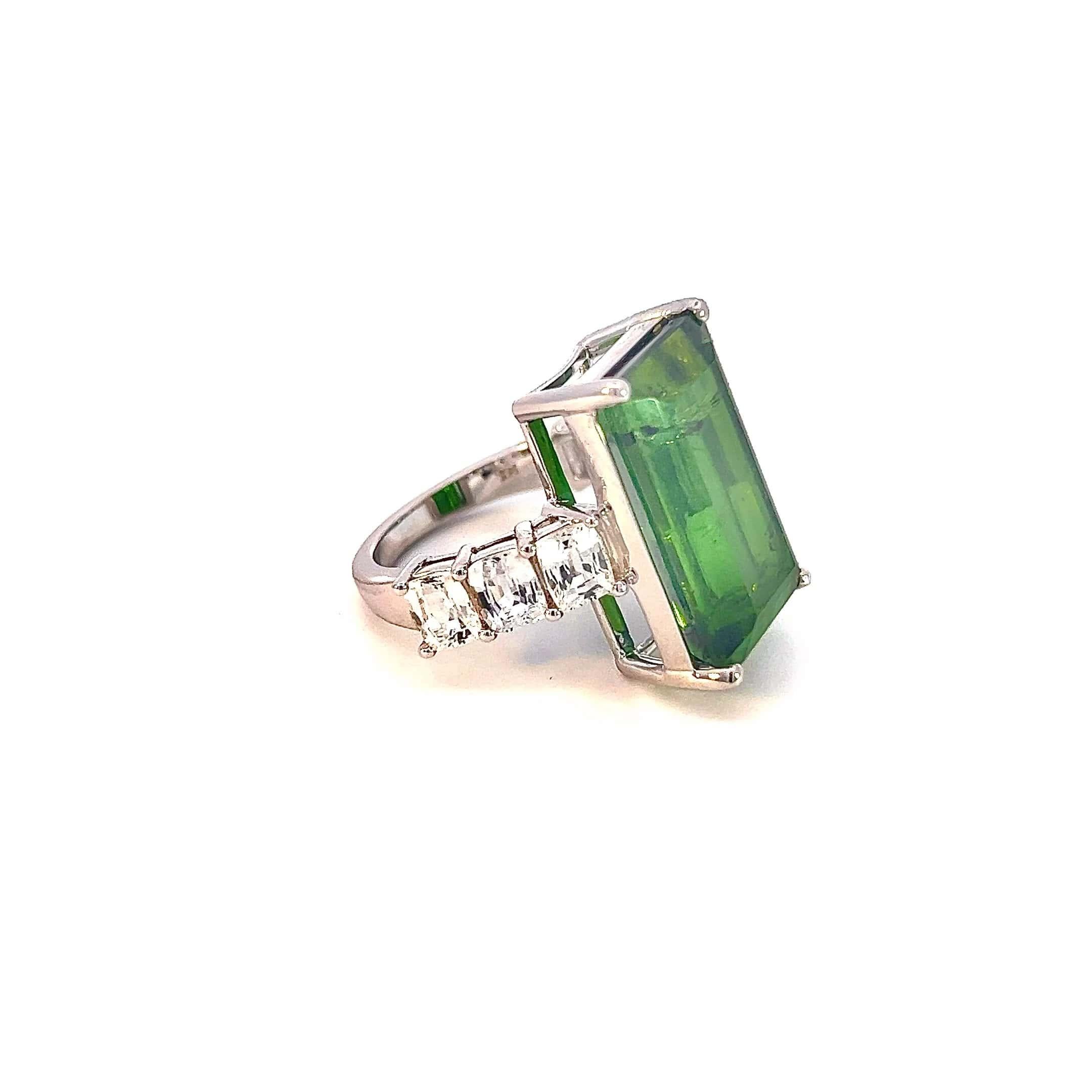 Natural Tourmaline White Sapphire Ring 6.75 14k WG 21.03 TCW Certified For Sale 1