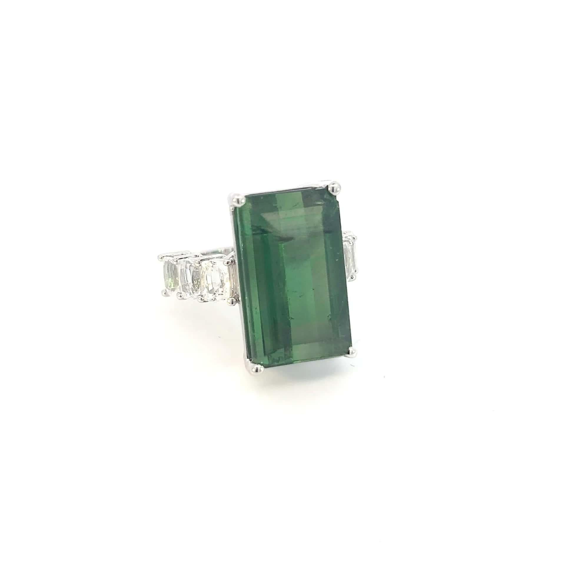 Natural Tourmaline White Sapphire Ring 6.75 14k WG 21.03 TCW Certified For Sale 4
