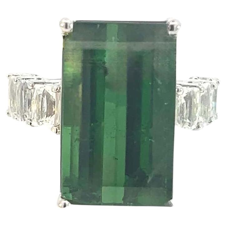 Natural Tourmaline White Sapphire Ring 6.75 14k WG 21.03 TCW Certified For Sale