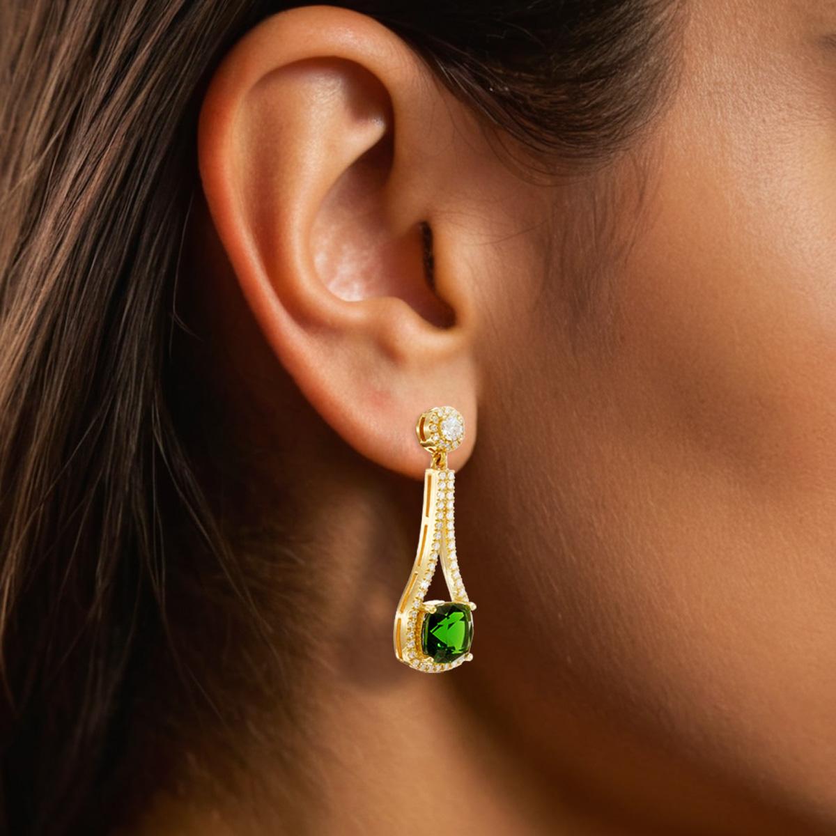 Mixed Cut Natural Chrome Tourmaline Gemstones 4.57 cts in 18KYG Earrings with Diamonds For Sale