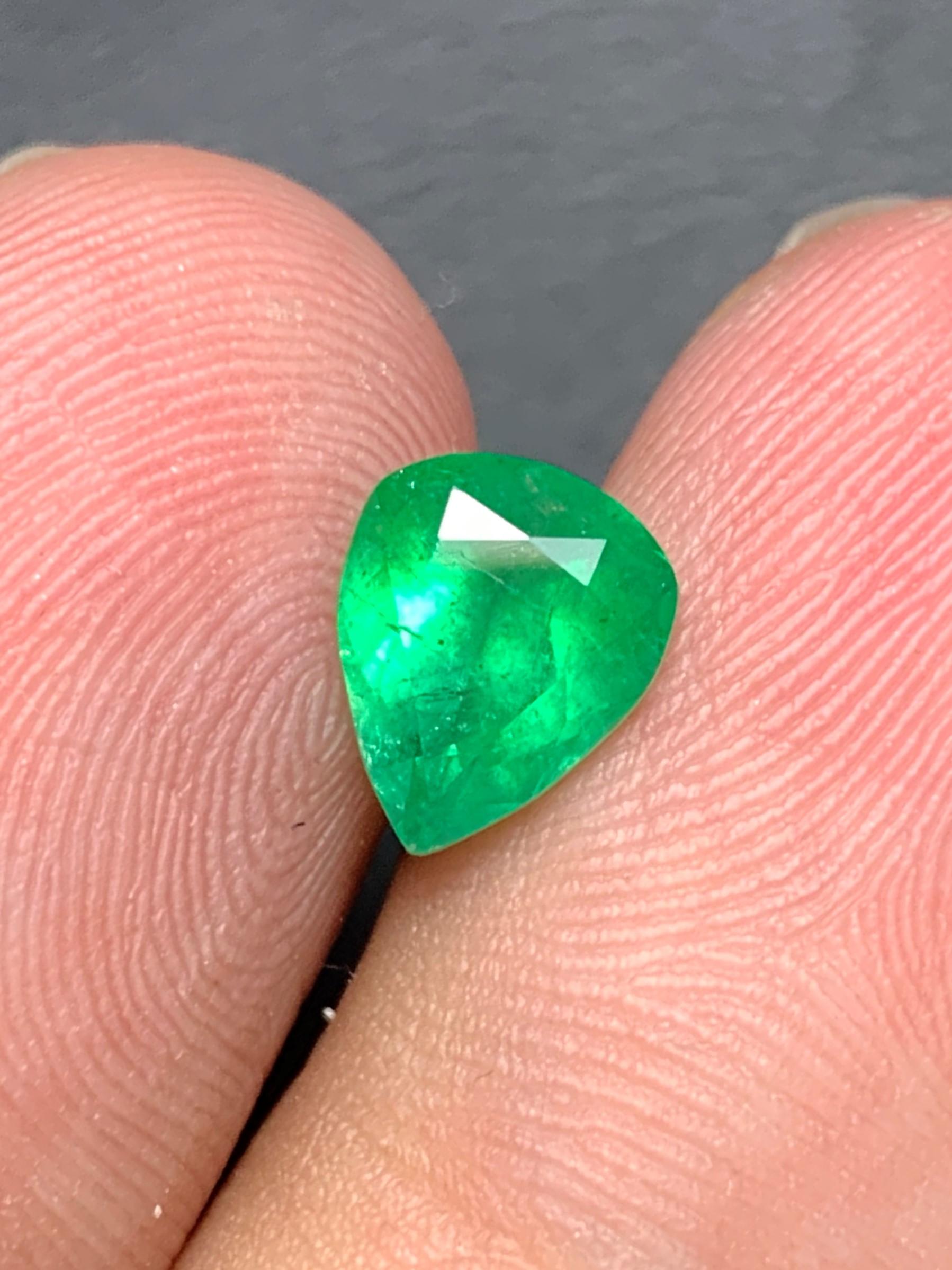Loose Emerald
Weight: 1.50 Carats
Dimension: 8.6x7.1x5 Mm
Origin: Swat Pakistan Mine
Shape: Pear
Treatment: Non
Certificate: On Demand
.
Wearing an emerald gives strength to the planet Mercury located in the person's horoscope. It enhances the