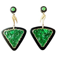 Natural Triangular Jade Carved Earrings in Black Agate, 18K Gold & Diamond