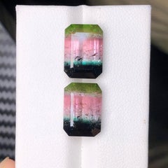 Natural Tricolor Tourmaline Pair 16.02Ct Emerald Cut Loose Gemstone for Earrings