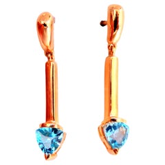 Natural Trilliant Swiss Blue Topaz Dangle Earrings 14kt Gold 12617*