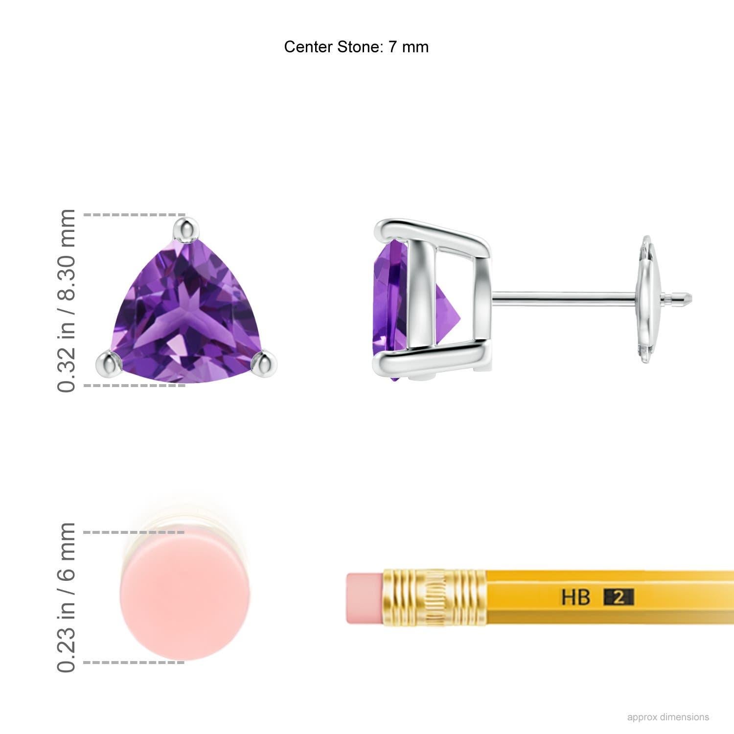 Displaying the royal purple amethysts in a prong setting, these solitaire stud earrings are a pair of enviable beauty. The gemstones are cut in a striking trillion shape and mounted in 14k white gold.