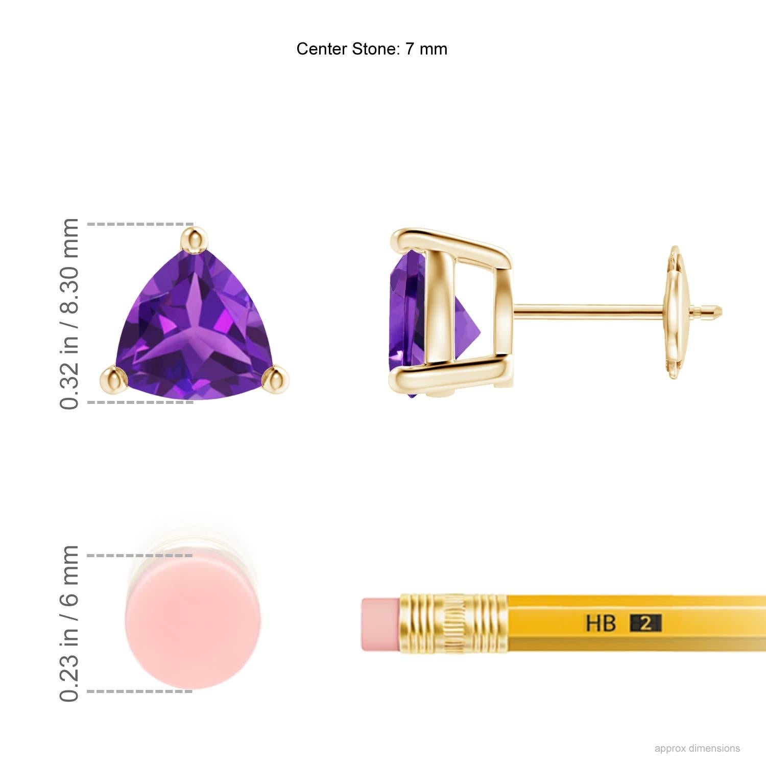 Displaying the royal purple amethysts in a prong setting, these solitaire stud earrings are a pair of enviable beauty. The gemstones are cut in a striking trillion shape and mounted in 14k yellow gold.