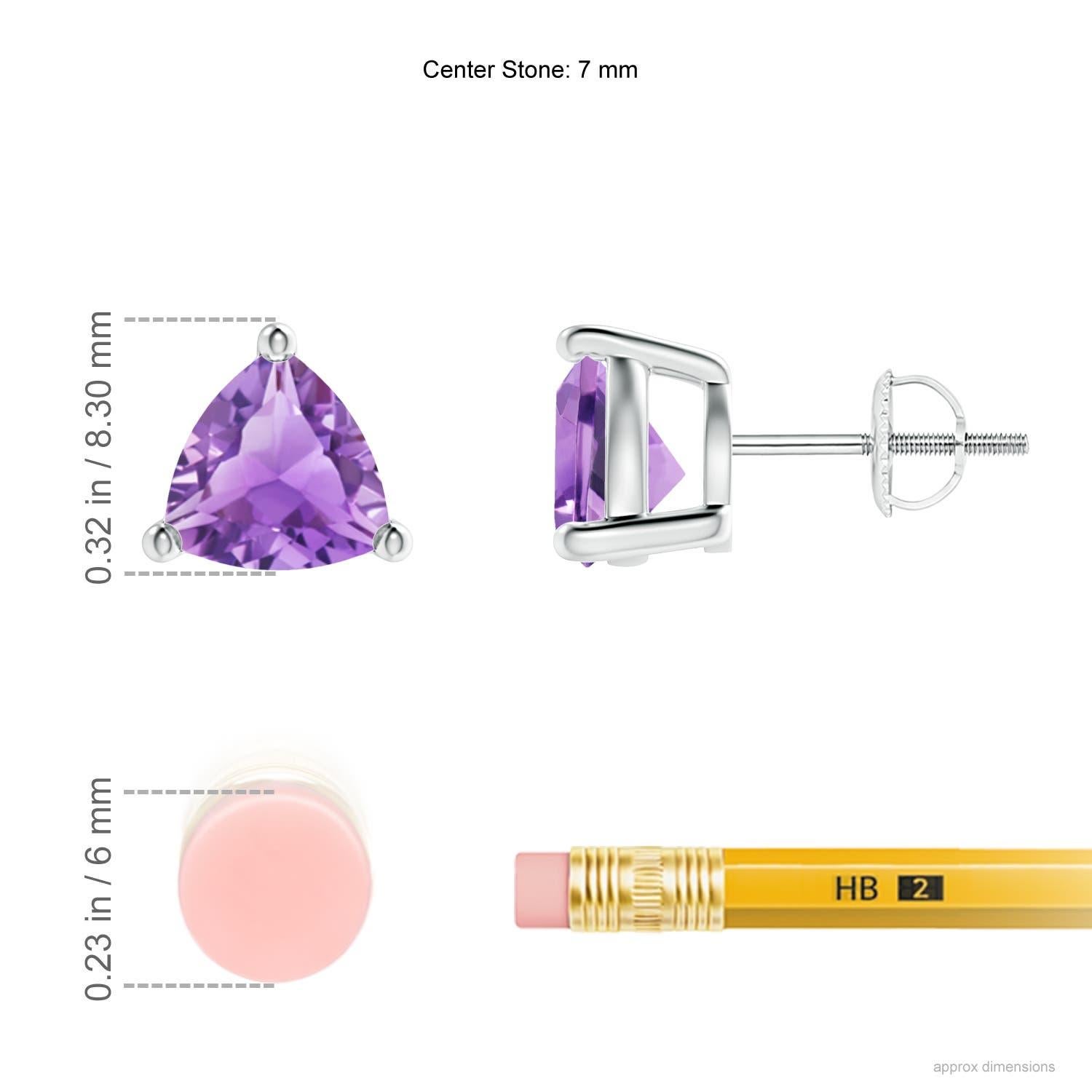 Displaying the royal purple amethysts in a prong setting, these solitaire stud earrings are a pair of enviable beauty. The gemstones are cut in a striking trillion shape and mounted in platinum.