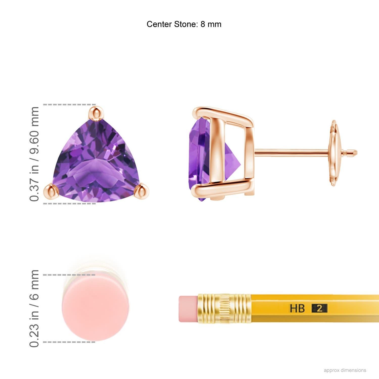 Displaying the royal purple amethysts in a prong setting, these solitaire stud earrings are a pair of enviable beauty. The gemstones are cut in a striking trillion shape and mounted in 14k rose gold.